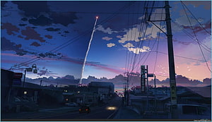 Anime Japanese Street at Dusk with Meteor Trail and Power Lines HD wallpaper