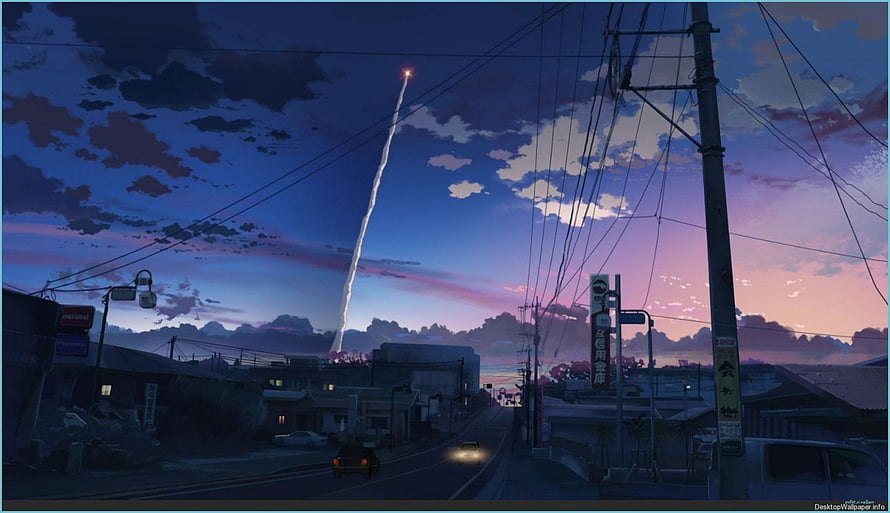 Anime Japanese Street at Dusk with Meteor Trail and Power Lines HD wallpaper