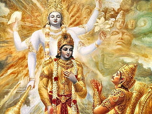 Lord Krishna and Arjuna in Divine Mahabharata Scene with Radiant Aura HD wallpaper