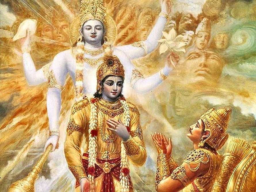 Lord Krishna and Arjuna in Divine Mahabharata Scene with Radiant Aura HD wallpaper