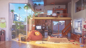 Cozy Anime Living Room Interior with Bean Bag and Mezzanine HD wallpaper