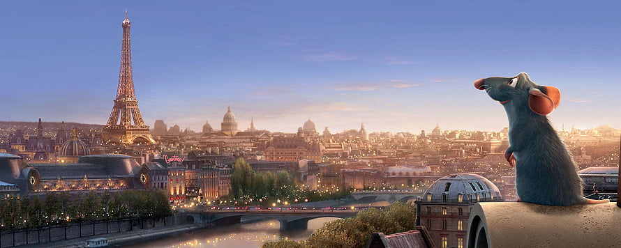 Ratatouille Remy Mouse Gazing at Paris Cityscape with Eiffel Tower at Sunset HD wallpaper