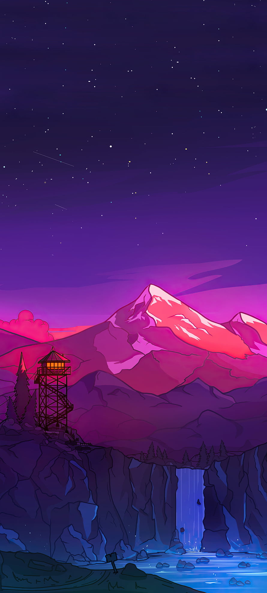 Stylized Night Mountain Landscape with Watchtower, Waterfall, and Starry Sky HD phone wallpaper