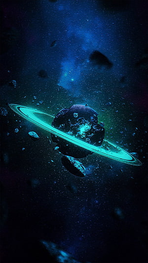 Glowing Ringed Planet in Deep Space with Floating Asteroids and Nebula HD phone wallpaper