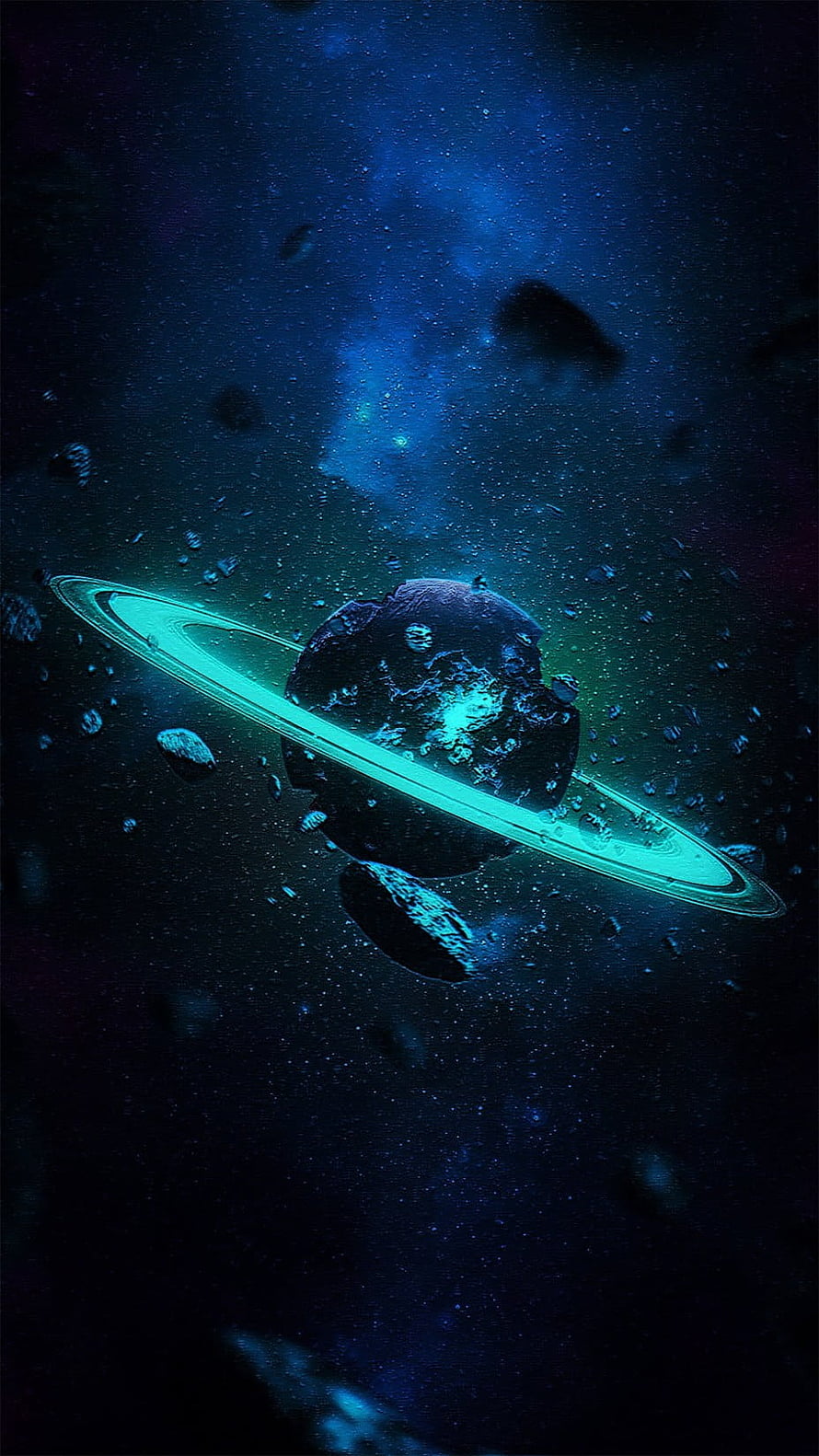 Glowing Ringed Planet in Deep Space with Floating Asteroids and Nebula HD phone wallpaper