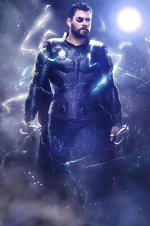 Thor from Avengers Infinity War in Dark Armor Surrounded by Blue Lightning and Cosmic Energy HD phone wallpaper
