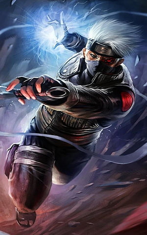 Kakashi Hatake in Dynamic Combat Pose with Chakra Energy and Sharingan HD phone wallpaper