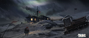 The Thing 1982 Concept Art: Lone Figure Approaching Antarctic Research Station Under Aurora Borealis HD wallpaper