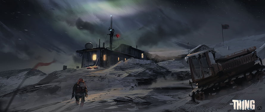 The Thing 1982 Concept Art: Lone Figure Approaching Antarctic Research Station Under Aurora Borealis HD wallpaper