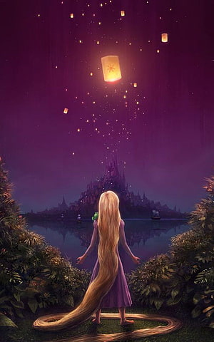 Rapunzel from Tangled gazing at floating lanterns over a moonlit lake with a distant castle HD phone wallpaper
