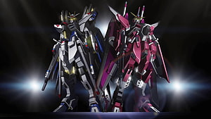 Mobile Suit Gundam SEED Destiny Dual Mecha Standing in Dramatic Spotlight HD wallpaper
