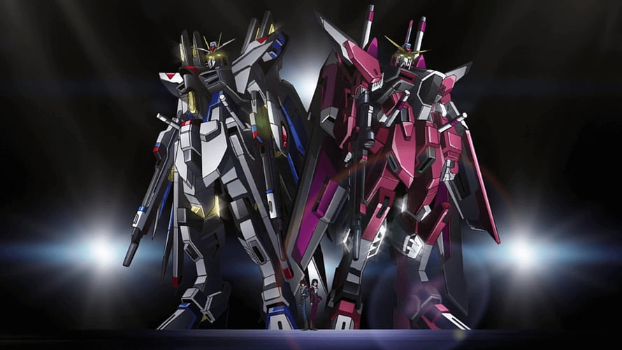 Mobile Suit Gundam SEED Destiny Dual Mecha Standing in Dramatic Spotlight HD wallpaper