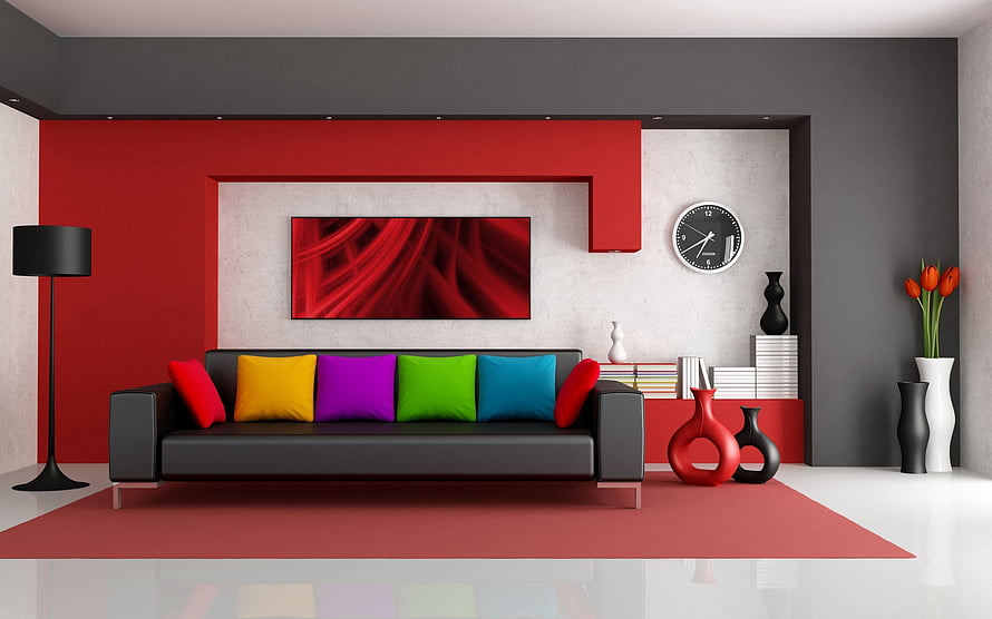 Modern Living Room Interior With Bold Red Accent Wall And Colorful Sofa Cushions HD wallpaper