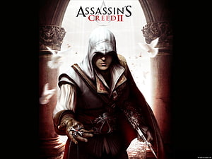 Ezio Auditore in White Hooded Robe with Hidden Blade and Pigeons in Assassin's Creed II HD wallpaper