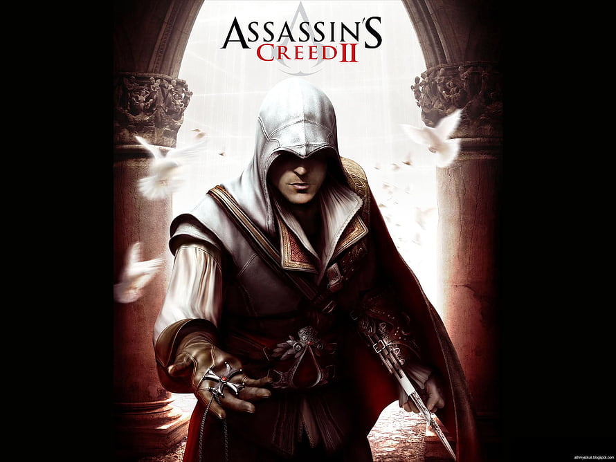 Ezio Auditore in White Hooded Robe with Hidden Blade and Pigeons in Assassin's Creed II HD wallpaper