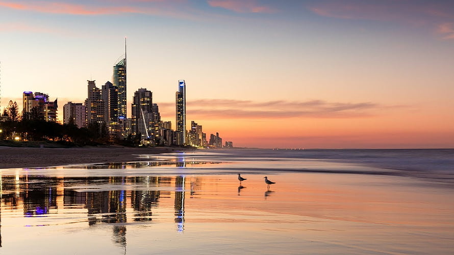 Surfers Paradise Beach at Golden Hour with Gold Coast Skyline Reflections HD wallpaper