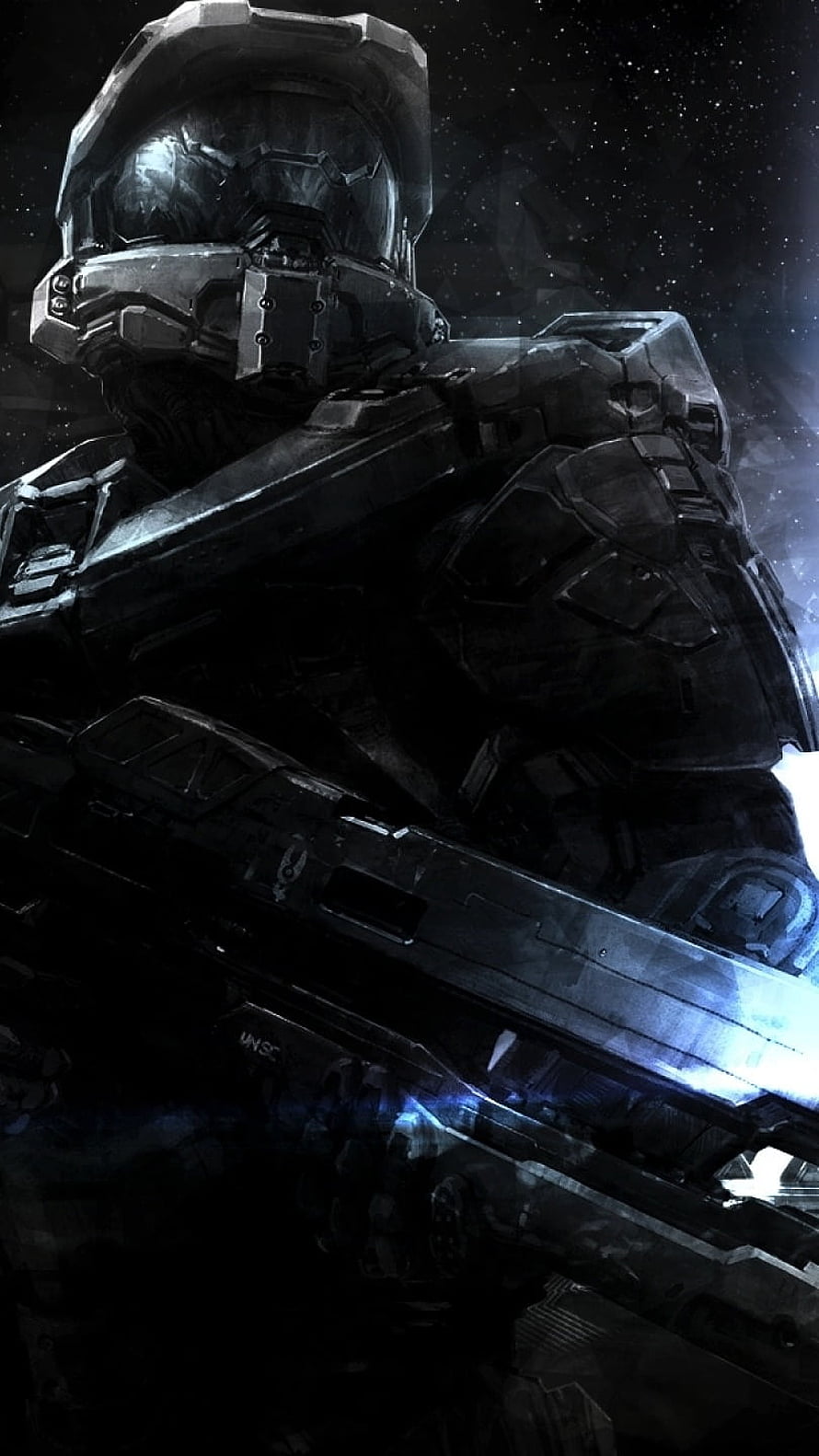 Master Chief in Dark Armor Holding Rifle Against Starry Space Background HD phone wallpaper