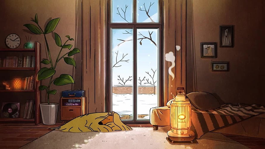 Cozy Winter Room With Sleeping Corgi And Warm Lantern HD wallpaper