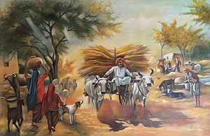 Indian Village Life Oil Painting with Farmers, Cattle, and Rural Landscape HD wallpaper