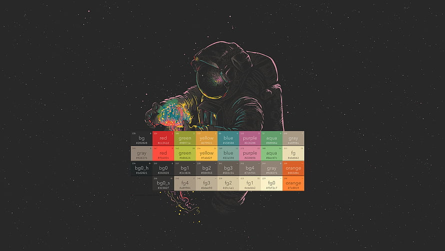 Gruvbox Factory Color Palette with Astronaut Illustration on Dark Space Background HD wallpaper