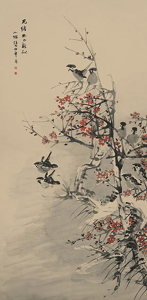 Traditional Chinese Ink Painting of Birds and Red Plum Blossoms on a Scroll HD phone wallpaper