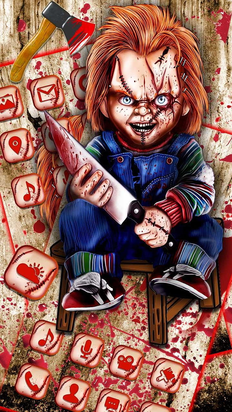 Chucky from Child's Play holding a bloody knife with horror-themed app icons and axe on a gritty background HD phone wallpaper
