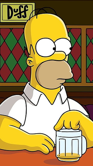 Homer Simpson Sitting at Moe's Tavern Holding a Duff Beer Mug in Classic Simpsons Animation Style HD phone wallpaper