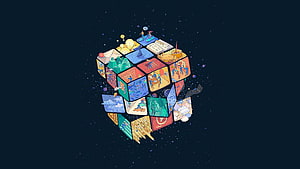 Isometric Cube of Illustrated Scenes Floating in a Starry Night Sky HD wallpaper