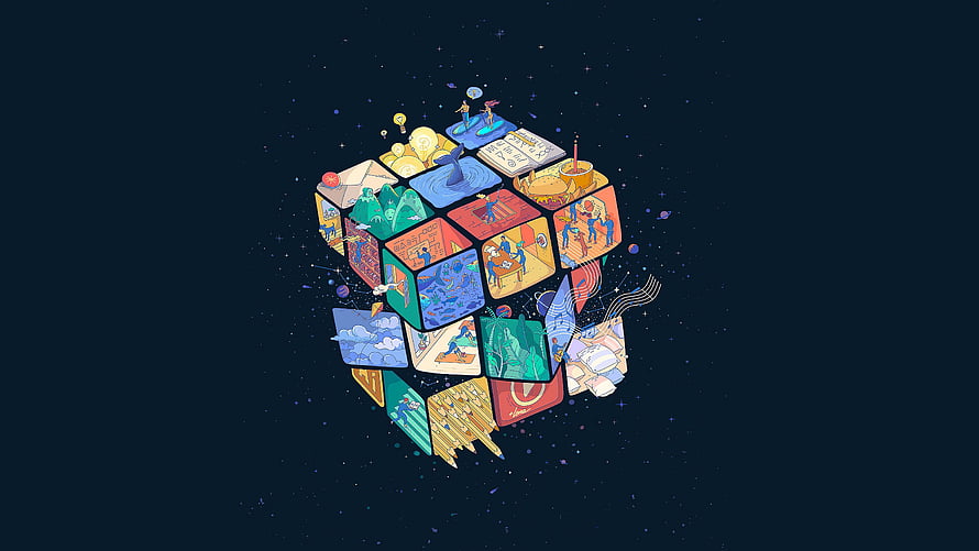 Isometric Cube of Illustrated Scenes Floating in a Starry Night Sky HD wallpaper