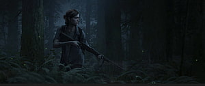 Ellie from The Last of Us holding a rifle in a dark, misty forest at night HD wallpaper