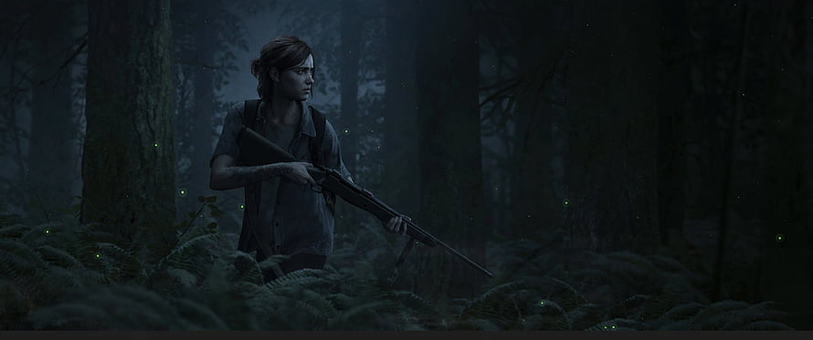 Ellie from The Last of Us holding a rifle in a dark, misty forest at night HD wallpaper