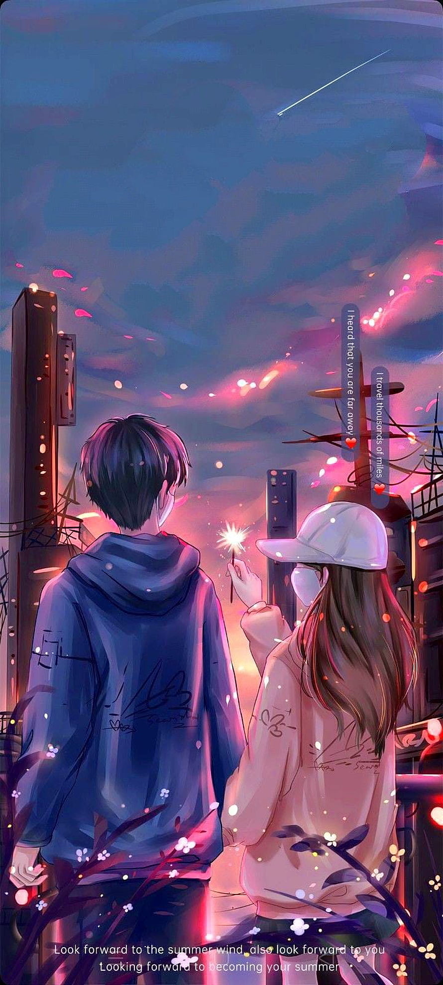 Romantic Anime Couple Watching Fireworks and Shooting Stars on a Rooftop at Dusk HD phone wallpaper
