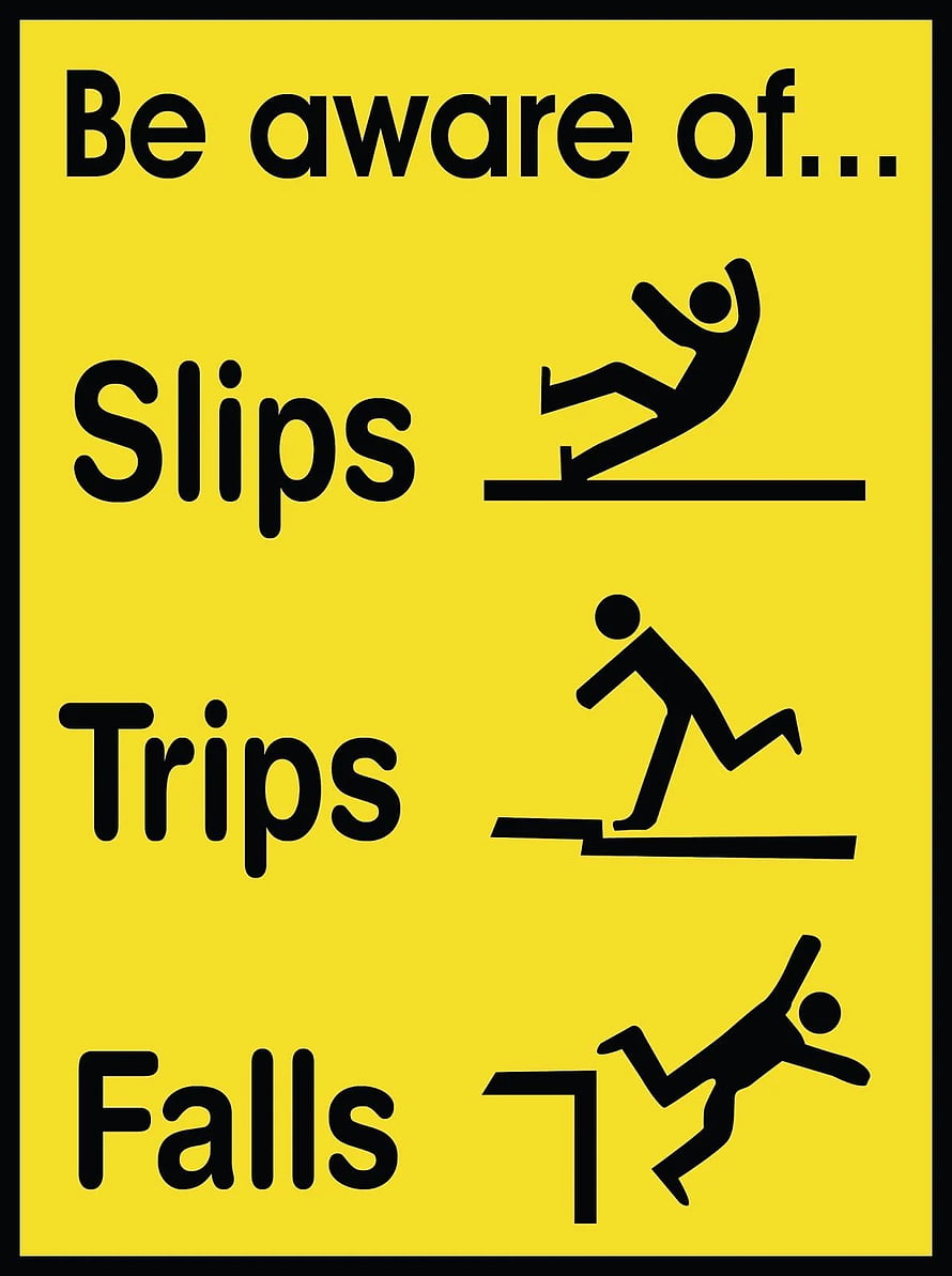 Yellow Safety Warning Sign Illustrating Slips Trips and Falls with Stick Figures HD phone wallpaper