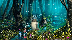 Totoro and Satsuki in a Luminous Enchanted Forest from My Neighbor Totoro HD wallpaper