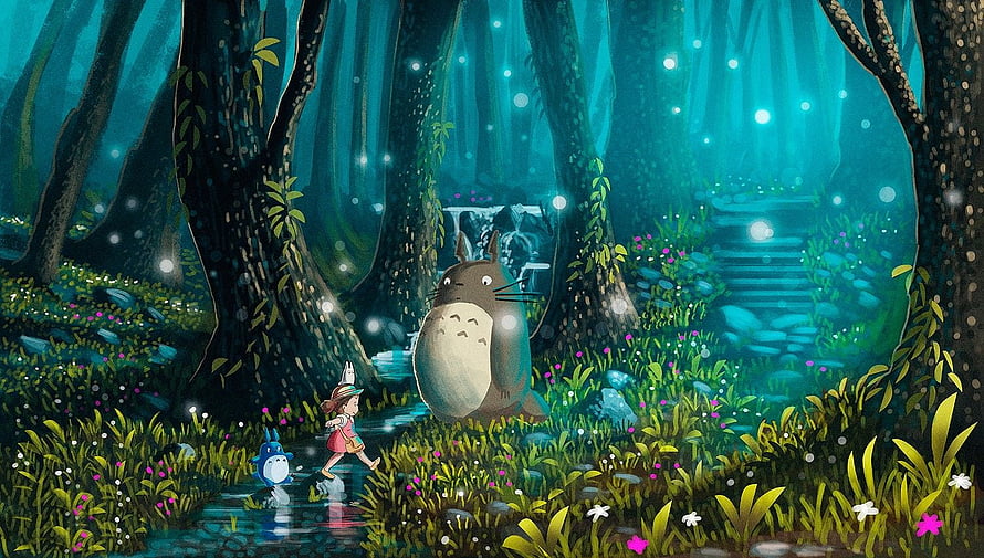Totoro and Satsuki in a Luminous Enchanted Forest from My Neighbor Totoro HD wallpaper