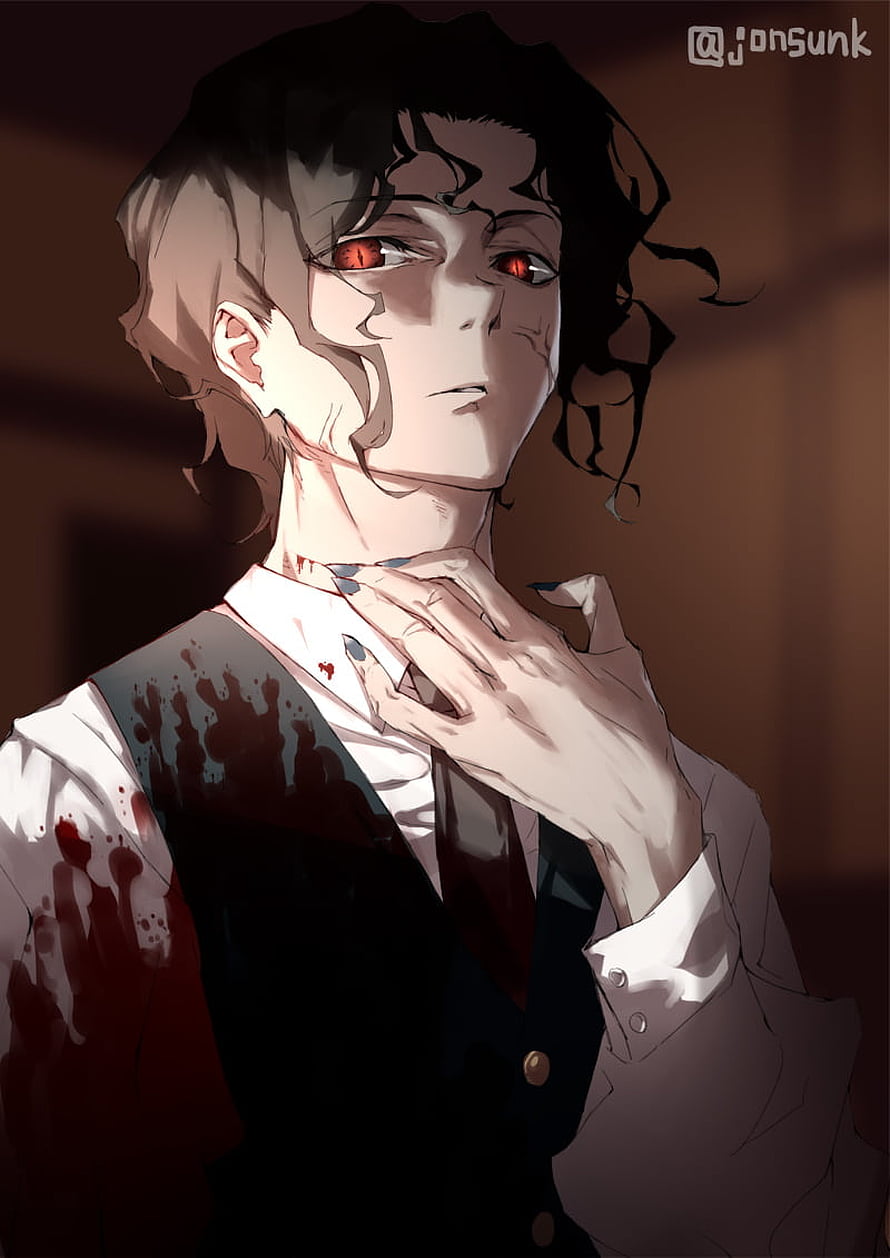 Muzan Kibutsuji from Demon Slayer in a blood-stained suit with glowing red eyes HD phone wallpaper