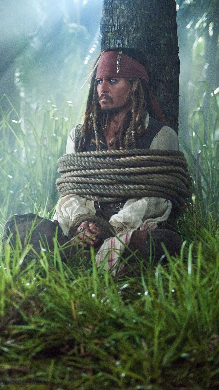 Jack Sparrow Bound in Ropes in a Misty Jungle from Pirates of the Caribbean HD phone wallpaper