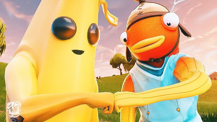 Peely and Fishstick fist bump in a sunny Fortnite landscape HD wallpaper