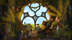 Cozy Raccoon Reading in a Lush Plant-Filled Room with Stained Glass Window HD wallpaper
