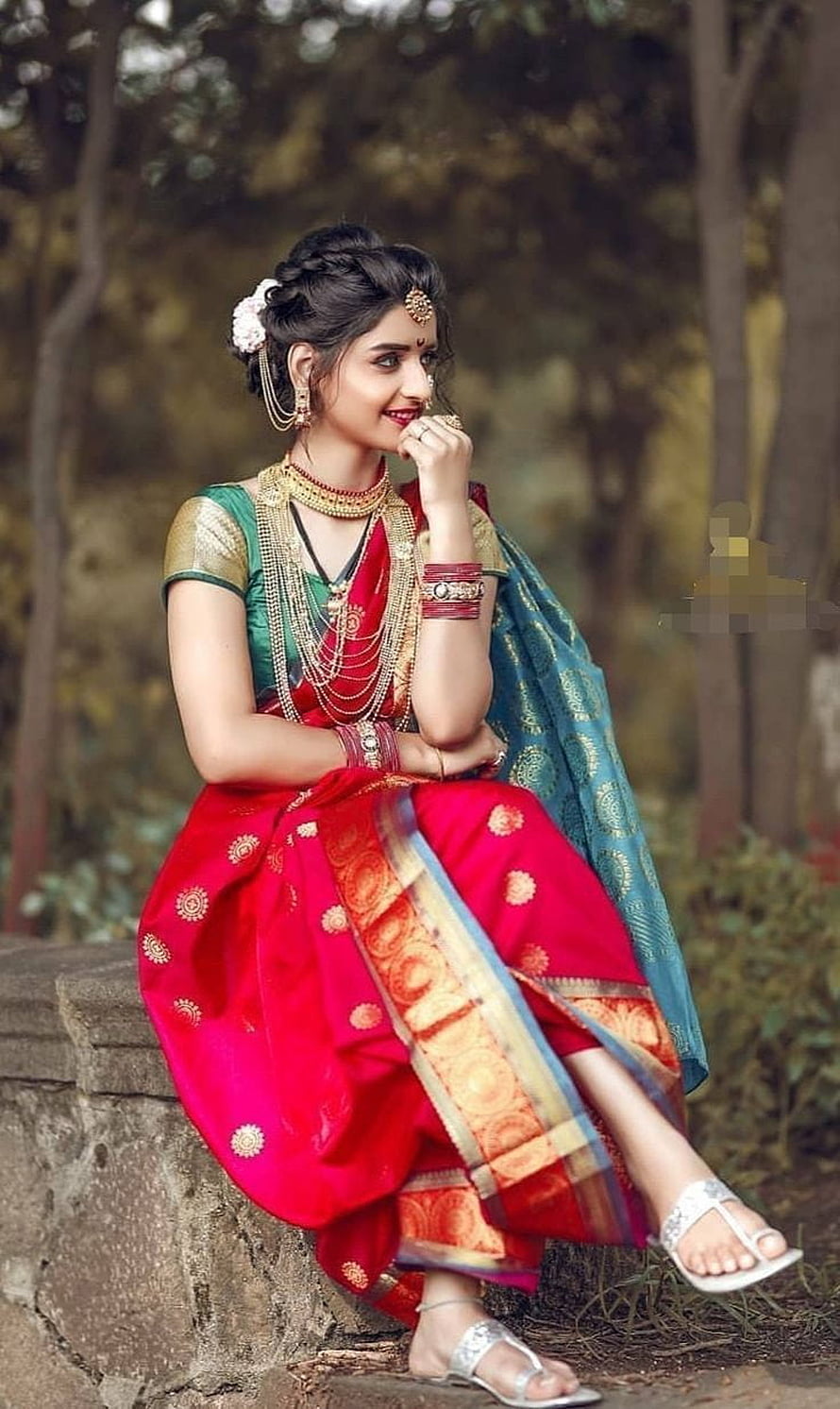 Elegant Woman in Traditional Marathi Saree with Gold Jewelry and Floral Hairpiece HD phone wallpaper