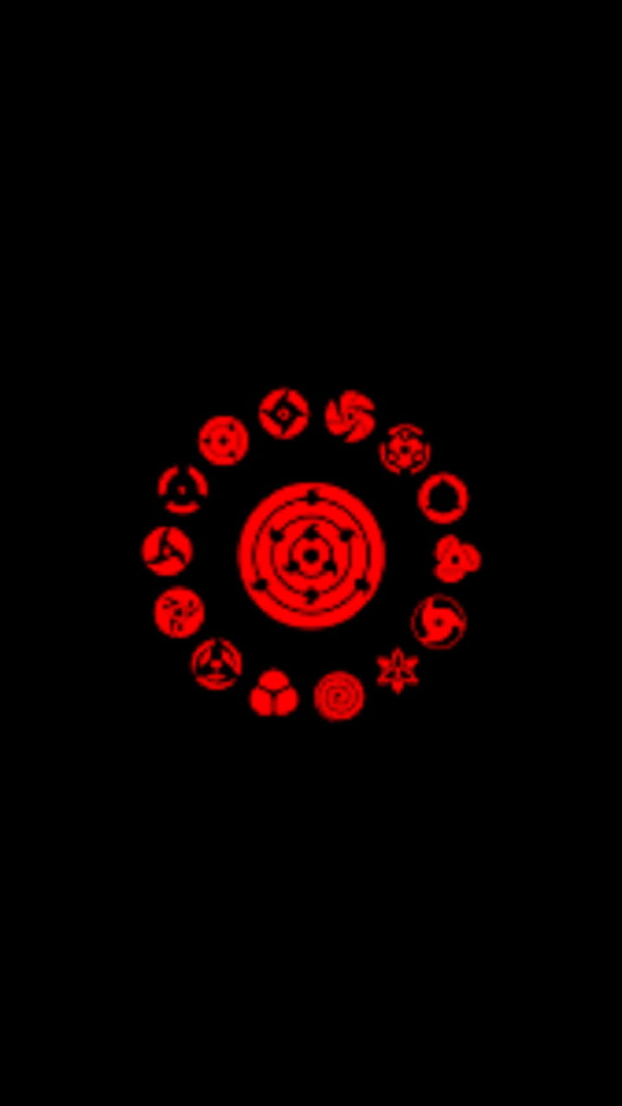 Naruto Sharingan and Mangekyo Sharingan Eye Symbols in Red on Black Background HD phone wallpaper