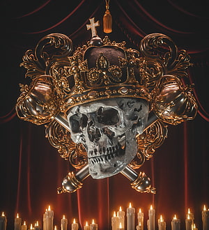 Ornate Golden Crown Adorning a Human Skull with Crossed Scepters and Candles HD phone wallpaper