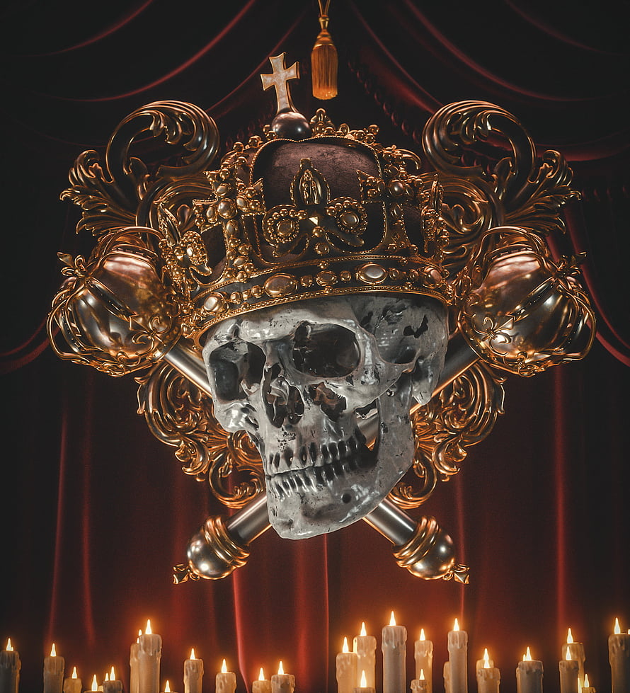 Ornate Golden Crown Adorning a Human Skull with Crossed Scepters and Candles HD phone wallpaper
