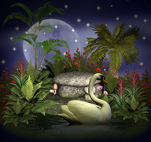 Majestic White Swan in a Lush Tropical Night Garden with Full Moon and Starry Sky HD wallpaper
