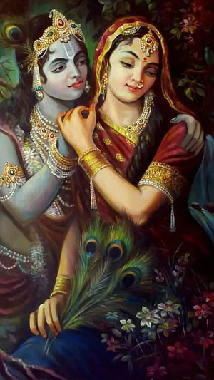 Radha Krishna Devotional Painting with Peacock Feathers and Floral Garden HD phone wallpaper