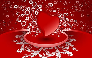 Valentine's Day Red Heart with Ornate Floral Swirls and Floating Hearts HD wallpaper