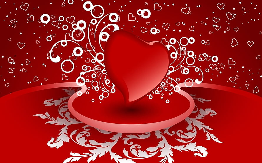 Valentine's Day Red Heart with Ornate Floral Swirls and Floating Hearts HD wallpaper