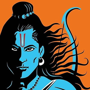 Stylized Blue Portrait of Lord Rama with Bow and Arrow on Orange Background HD wallpaper