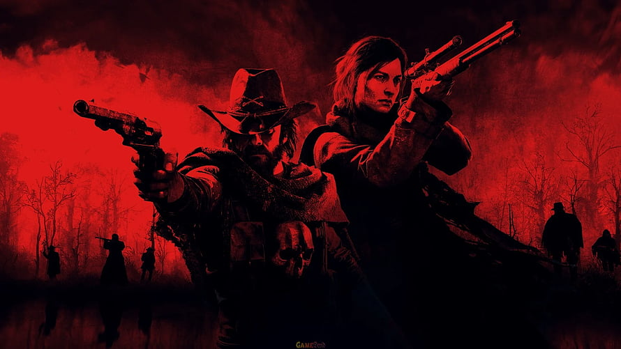Hunt Showdown Red Tinted Artwork Featuring Armed Hunters in a Dark Forest HD wallpaper