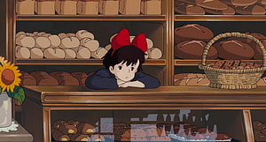 Kiki's Delivery Service Anime Girl with Red Bow in Bakery HD wallpaper